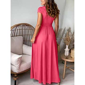 ANRABESS Women Summer Deep V Neck Short Sleeve Slit 2025 Elegant Formal Wedding Guest Cocktail Evening Date Maxi Long Dress Pink Medium