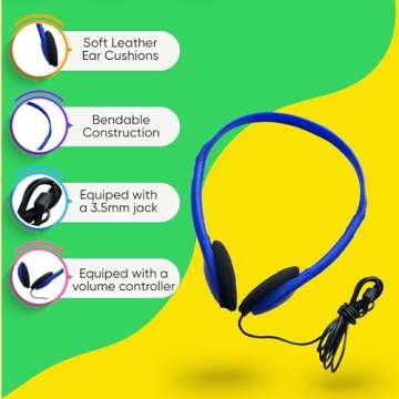 10 Pack Bulk Headphones, Wired Headphones for Kids, Teens, Adults, Affordable On-Ear with 3.5mm Plug, Perfect for Schools, Classrooms, Libraries, Museums, Multipack for Wholesale, Multi Color