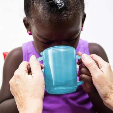TalkTools Recessed Lid Cup with Handles - Leak Proof | Promotes Oral Motor Skills, Lip Closure, and Self Feeding | Alternative to Sippy Bottle | Food Grade Materials | Dishwasher Safe (Light Blue)