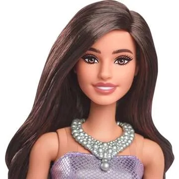 Barbie Fashionistas Doll #234 with Brown Hair, Wearing Sequined Purple Bubble Dress with Satiny Skirt, Silvery Necklace and Heels