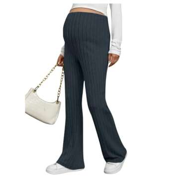BEAUDRM Women's Maternity Casual Adjustable High Waist Solid Flare Leg Ribbed Knit Pants Trousers Dusty Blue Medium