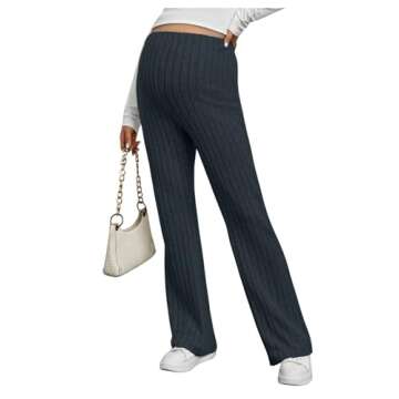 BEAUDRM Women's Maternity Casual Adjustable High Waist Solid Flare Leg Ribbed Knit Pants Trousers Dusty Blue Medium