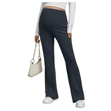 BEAUDRM Women's Maternity Casual Adjustable High Waist Solid Flare Leg Ribbed Knit Pants Trousers Dusty Blue Medium