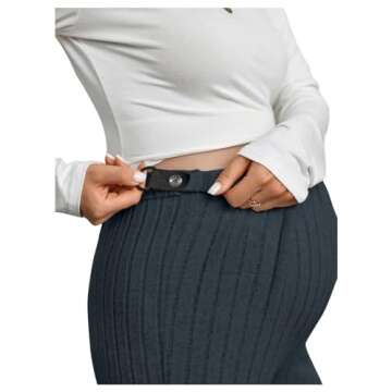 BEAUDRM Women's Maternity Casual Adjustable High Waist Solid Flare Leg Ribbed Knit Pants Trousers Dusty Blue Medium