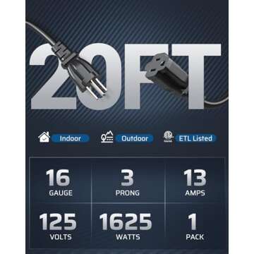 DEWENWILS Extension Cord 20 FT, 3 Prong Waterproof Extension Cable for Indoor Outdoor Appliances, 16...