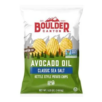 Boulder Canyon Avocado Oil Kettle Cooked Potato Chips, Sea Salt, Wavy Cut, 5.25 oz. Bag, 12 Count ?...