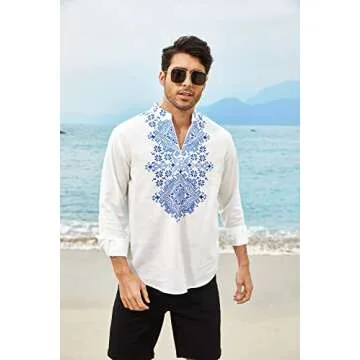 COOFANDY Mens Shirt Henley White Floral Print Casual Cotton Linen Beach Moroccan Men Clothing Hawaiian, 01white, XX-Large, Long Sleeve