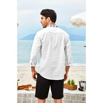 COOFANDY Mens Shirt Henley White Floral Print Casual Cotton Linen Beach Moroccan Men Clothing Hawaiian, 01white, XX-Large, Long Sleeve