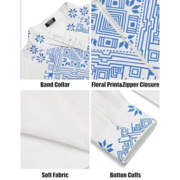 COOFANDY Mens Shirt Henley White Floral Print Casual Cotton Linen Beach Moroccan Men Clothing Hawaiian, 01white, XX-Large, Long Sleeve