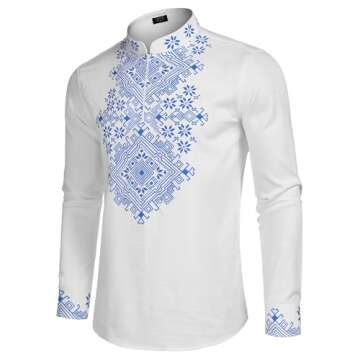 COOFANDY Mens Shirt Henley White Floral Print Casual Cotton Linen Beach Moroccan Men Clothing Hawaiian, 01white, XX-Large, Long Sleeve