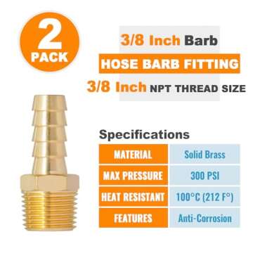 SUNGATOR 3/8'' NPT Brass Hose Barb Fittings, 3/8'' NPT Male Thread to 3/8'' Barbed Air Hose Fittings, 3/8'' Brass Air Line Repair Connectors for Compressor, Fuel, Oil (2-Pack)