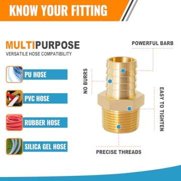 SUNGATOR 3/8'' NPT Brass Hose Barb Fittings, 3/8'' NPT Male Thread to 3/8'' Barbed Air Hose Fittings, 3/8'' Brass Air Line Repair Connectors for Compressor, Fuel, Oil (2-Pack)
