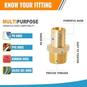 SUNGATOR 3/8'' NPT Brass Hose Barb Fittings, 3/8'' NPT Male Thread to 3/8'' Barbed Air Hose Fittings, 3/8'' Brass Air Line Repair Connectors for Compressor, Fuel, Oil (2-Pack)