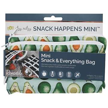 Itzy Ritzy Reusable Mini Snack Bags – 2-Pack of 3.5” x 7” BPA-Free Snack Bags are Food Safe & Washable for Storing Snacks, Pacifiers and Makeup in a Diaper Bag, Purse or Travel Bag, Guac Star