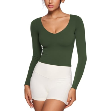 INGIA Women's V-Neck Long Sleeve Workout Crop Tops - Stylish Athletic Tops with Built-In Padding