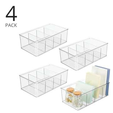 mDesign Plastic 4-Section Office Storage Organizer Bin for Desk, Cabinet, Drawer, or Closet - Desk Organizer or Drawer Organizer for Pens, Pencils, or Sticky Notes - Ligne Collection - 4 Pack - Clear