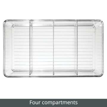 mDesign Plastic 4-Section Office Storage Organizer Bin for Desk, Cabinet, Drawer, or Closet - Desk Organizer or Drawer Organizer for Pens, Pencils, or Sticky Notes - Ligne Collection - 4 Pack - Clear