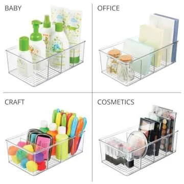 mDesign Plastic 4-Section Office Storage Organizer Bin for Desk, Cabinet, Drawer, or Closet - Desk Organizer or Drawer Organizer for Pens, Pencils, or Sticky Notes - Ligne Collection - 4 Pack - Clear