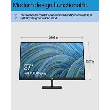 HP M27ha FHD Monitor-Full HD Monitor(1920 x 1080p)- IPS Panel and Built-in Audio-VESA Compatible 27-inch Monitor Designed for Comfortable Viewing with Height and Pivot Adjustment-(22H94AA#ABA) black