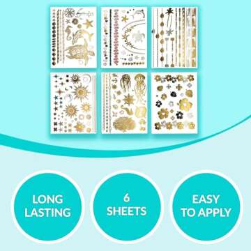 Terra Tattoos Gold Metallic Tattoo Flash Sheets Designs of Seashells, Sun, Flowers & more! Face Tattoos for Women Waterproof Nontoxic Long Lasting 75+ Designs for Vacation, Festivals Parties - Gold