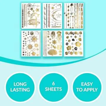 Terra Tattoos Gold Metallic Tattoo Flash Sheets Designs of Seashells, Sun, Flowers & more! Face Tattoos for Women Waterproof Nontoxic Long Lasting 75+ Designs for Vacation, Festivals Parties - Gold