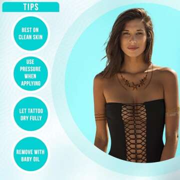 Terra Tattoos Gold Metallic Tattoo Flash Sheets Designs of Seashells, Sun, Flowers & more! Face Tattoos for Women Waterproof Nontoxic Long Lasting 75+ Designs for Vacation, Festivals Parties - Gold