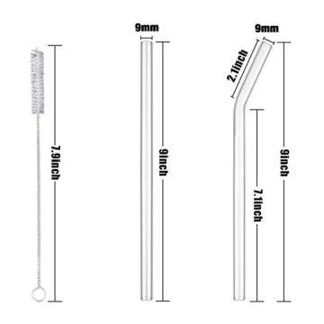 Reusable Clear Smoothie-Cocktails Glass Straws - 12-Pack 9" x 9 mm Drinking Straws for 30 oz and 20 oz Tumblers - 6 Bent 6 Straight with 2 Cleaning Brushes