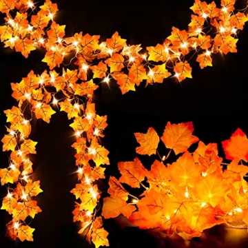 Fall Decor [2 Pack] Lighted Fall Garland, Total 16.4ft 40 LED Thanksgiving Decorations Halloween Str...