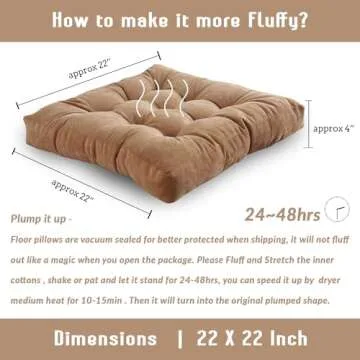 Sexysamba Square Floor Seat Pillows Cushions 22" x 22", Soft Thicken Yoga Meditation Cushion Pouf Tu...