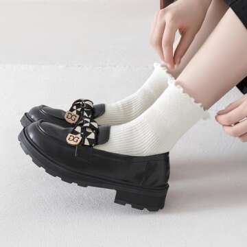 Mcool Mary Women's Ruffle Socks,Casual Cute Ankle Socks Comfort Cool Cotton Knit Lettuce Frilly Crew Milky White Socks for Women 6 Pack