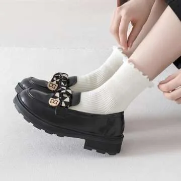 Mcool Mary Women's Ruffle Socks,Casual Cute Ankle Socks Comfort Cool Cotton Knit Lettuce Frilly Crew Milky White Socks for Women 6 Pack