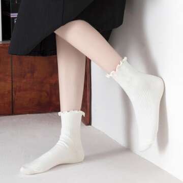 Mcool Mary Women's Ruffle Socks,Casual Cute Ankle Socks Comfort Cool Cotton Knit Lettuce Frilly Crew Milky White Socks for Women 6 Pack