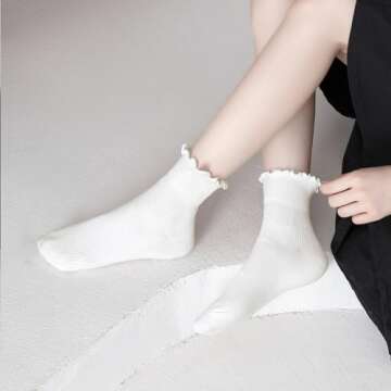 Mcool Mary Women's Ruffle Socks,Casual Cute Ankle Socks Comfort Cool Cotton Knit Lettuce Frilly Crew Milky White Socks for Women 6 Pack