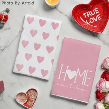 Artoid Mode Pink Heart Love Home Sweet Home Valentine's Kitchen Towels Dish Towels, 18x26 Inch Anniversary Wedding Decoration Hand Towels Set of 2