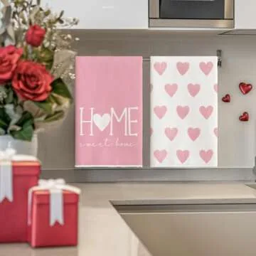 Artoid Mode Pink Heart Love Home Sweet Home Valentine's Kitchen Towels Dish Towels, 18x26 Inch Anniversary Wedding Decoration Hand Towels Set of 2