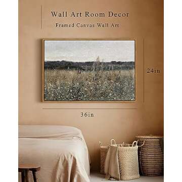 InSimSea Framed Canvas Wall Art Vintage Decor, Landscape Wall Art, Meadow with Flowers Art Decor, Modern Farmhouse Decor, Cottagecore Bedroom Bathroom Office Decor, 24"x36"