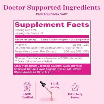 Pink Stork Liquid Folate: Whole-Food Vitamin B9 from Lemon Peels, Natural Folic Acid with Vitamin C, Liquid Prenatal Vitamins for Women, Pregnancy Must Haves, Women-Owned, 2 oz