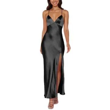 Cosonsen Women's Cocktail Party Dress Satin V-Neck Spaghetti Strap Split Open Back Long Maxi Dresses