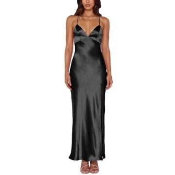 Cosonsen Women's Cocktail Party Dress Satin V-Neck Spaghetti Strap Split Open Back Long Maxi Dresses