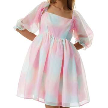 Women Puff Sleeve Off Shoulder Princess Mini Dress Lace Tulle Ruffle Mesh Party Skirts Fairycore Grunge Streetwear (Rainbow, Large)