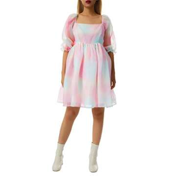 Women Puff Sleeve Off Shoulder Princess Mini Dress Lace Tulle Ruffle Mesh Party Skirts Fairycore Grunge Streetwear (Rainbow, Large)