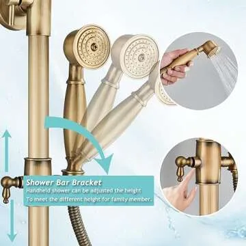 Gmusre Antique Brass Shower Fixture Bathroom Shower Faucet Set 8 Inch Rainfall Shower Head Handled Shower Waterfall Tub Spout Wall Mounted Outdoor Shower System with Shower Shelf