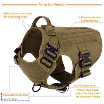ICEFANG Reflective Tactical Dog Harness with 4X Metal Buckles,for Large Sized Dogs, Heavy Duty MOLLE K9 Vest with Handle,No Pulling Front Clip,Adjustable Pet Harness(L:28"-35",Brown)