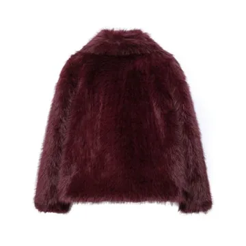Women Faux Fur Coat Long Sleeve Lapel Collar Warm Winter Coat Outwear Streetwear (Burgundy, M)