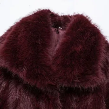 Women Faux Fur Coat Long Sleeve Lapel Collar Warm Winter Coat Outwear Streetwear (Burgundy, M)