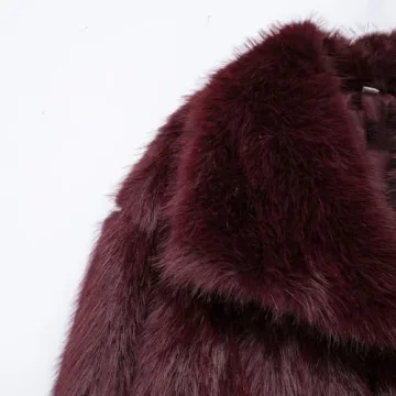 Women Faux Fur Coat Long Sleeve Lapel Collar Warm Winter Coat Outwear Streetwear (Burgundy, M)