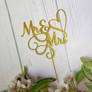 JIEEIN Mr and Mrs Cake Topper, Bride and Groom Sign Wedding, Engagement Cake Toppers Decorations, Double-faced Gold Glitter