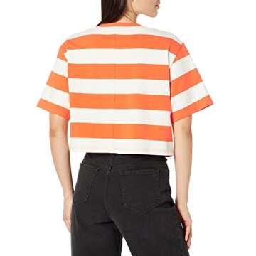 The Drop Women's Sydney Short-Sleeve Cropped Crew Neck T-Shirt, Fire Orange/Whisper White Rugby Stri...