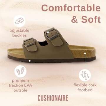 CUSHIONAIRE Lane Cork Footbed Sandals for Women – Comfortable Double Buckle Slip-On with Genuine Suede Footbed & Arch Support Slides for Women Footwear, BROWN 11