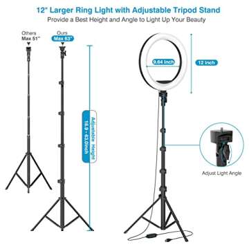 12" Selfie Ring Light with 63" Adjustable Tripod Stand and Phone Holder, LED Dimmable Ringlight with Remote, for Live Stream/Photography/Makeup/YouTube Video, Compatible with Cell Phones, Cameras